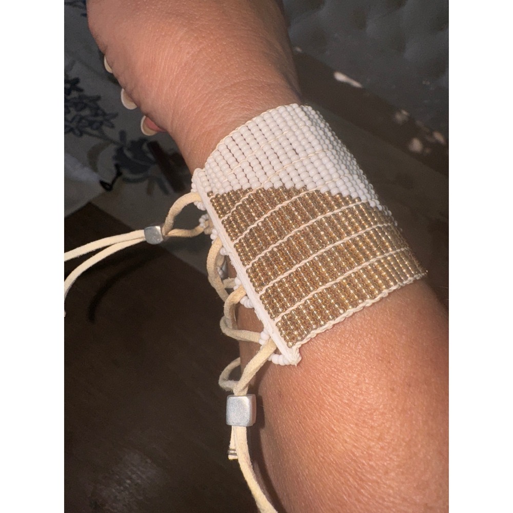 Beaded Cuff Bracelet Gold White Boho Adjustable - Picture 4 of 5